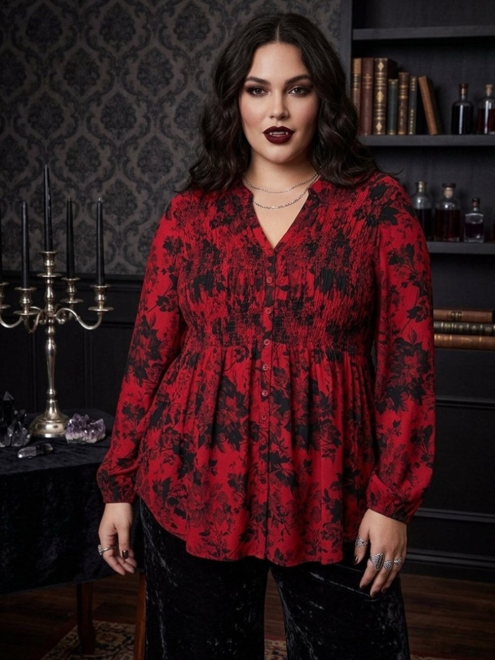Torrid Red Black Floral Smocked Top Whimsigoth Dark Romantic Gothic Blouse 2X
